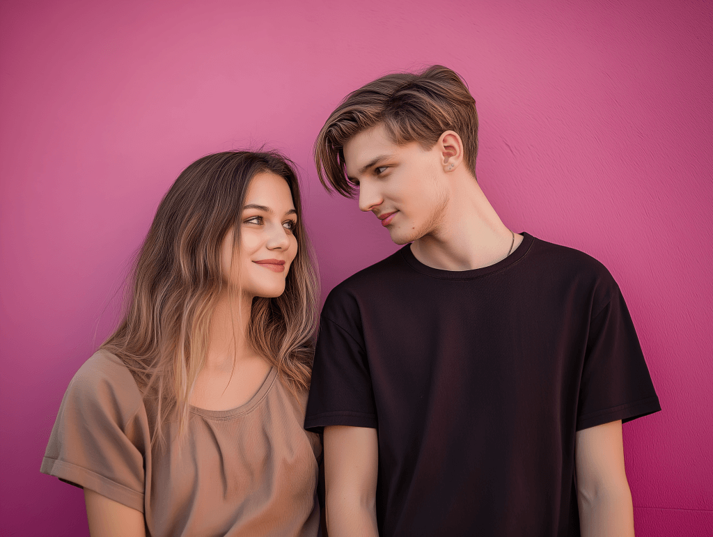 This image illustrates the couple shooting each other flirty looks